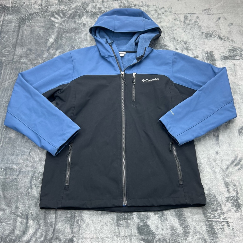Columbia Omni‎ Wind Size L Full Zip Hooded Black Blue Fleece Lined Jacket Coat